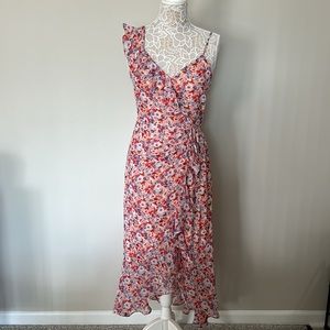 LAUNDRY BY SHELLI SEGAL - NWOT- Asymmetric Floral Ruffle Midi Dress in Peach